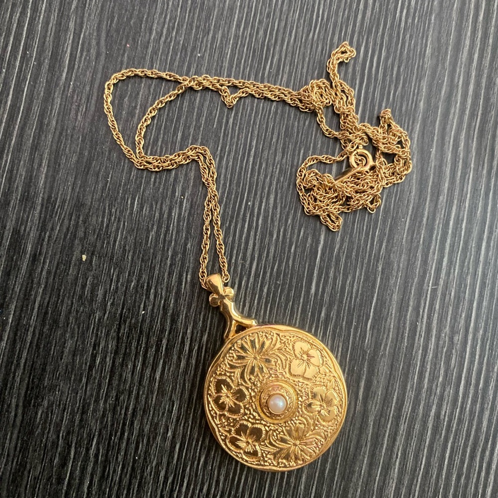 Gold Floral  Necklace  with mirror with Pearl Accent - Women Jewelry